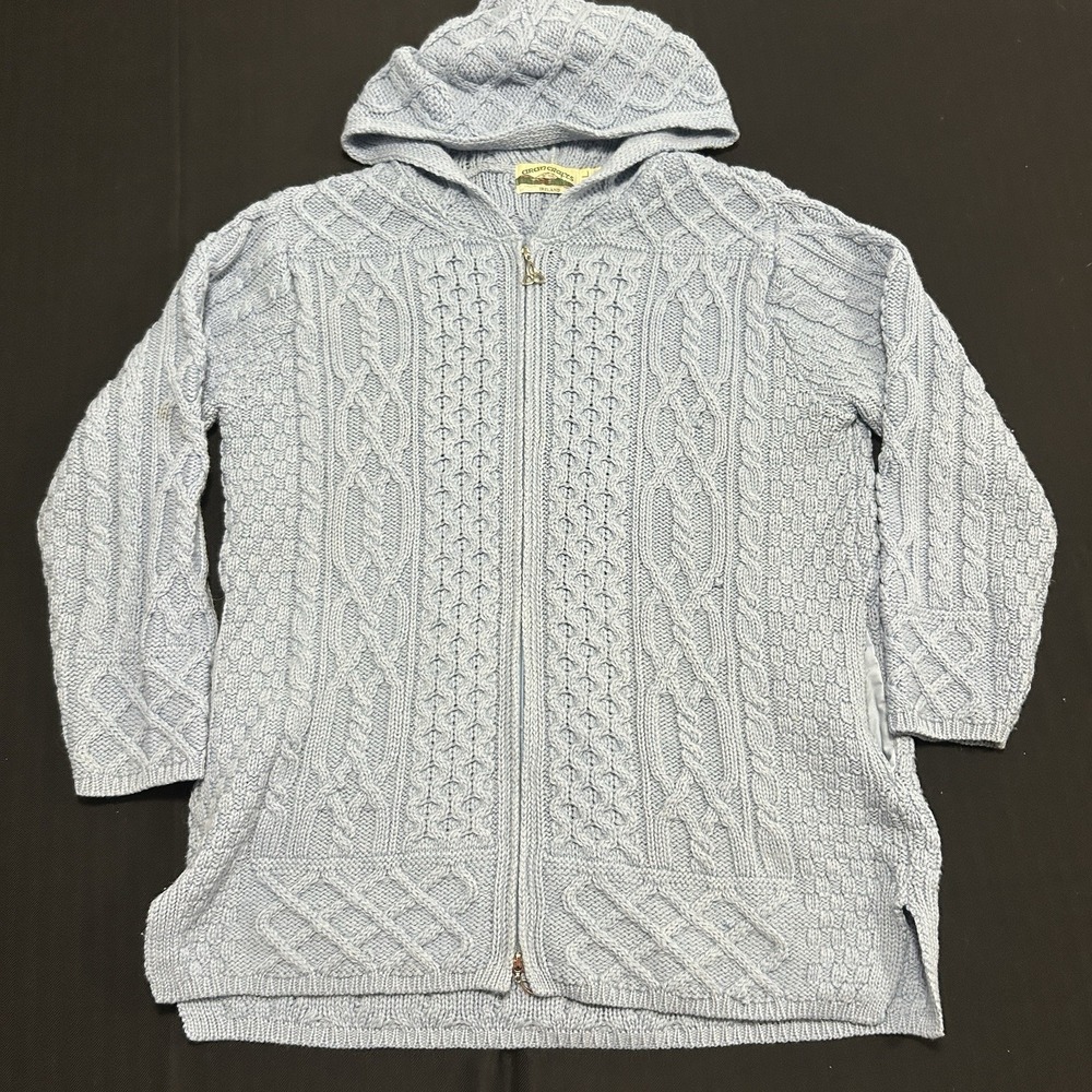 Aran Crafts Ireland Zip Hood Wool Knit Jacket Mint Blue Women's Large Oversized